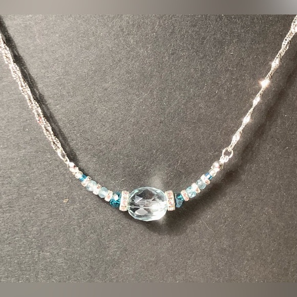 HAND CRAFTED necklace earring gift set Blue Silver upcycled clear glass beads - Picture 9 of 14